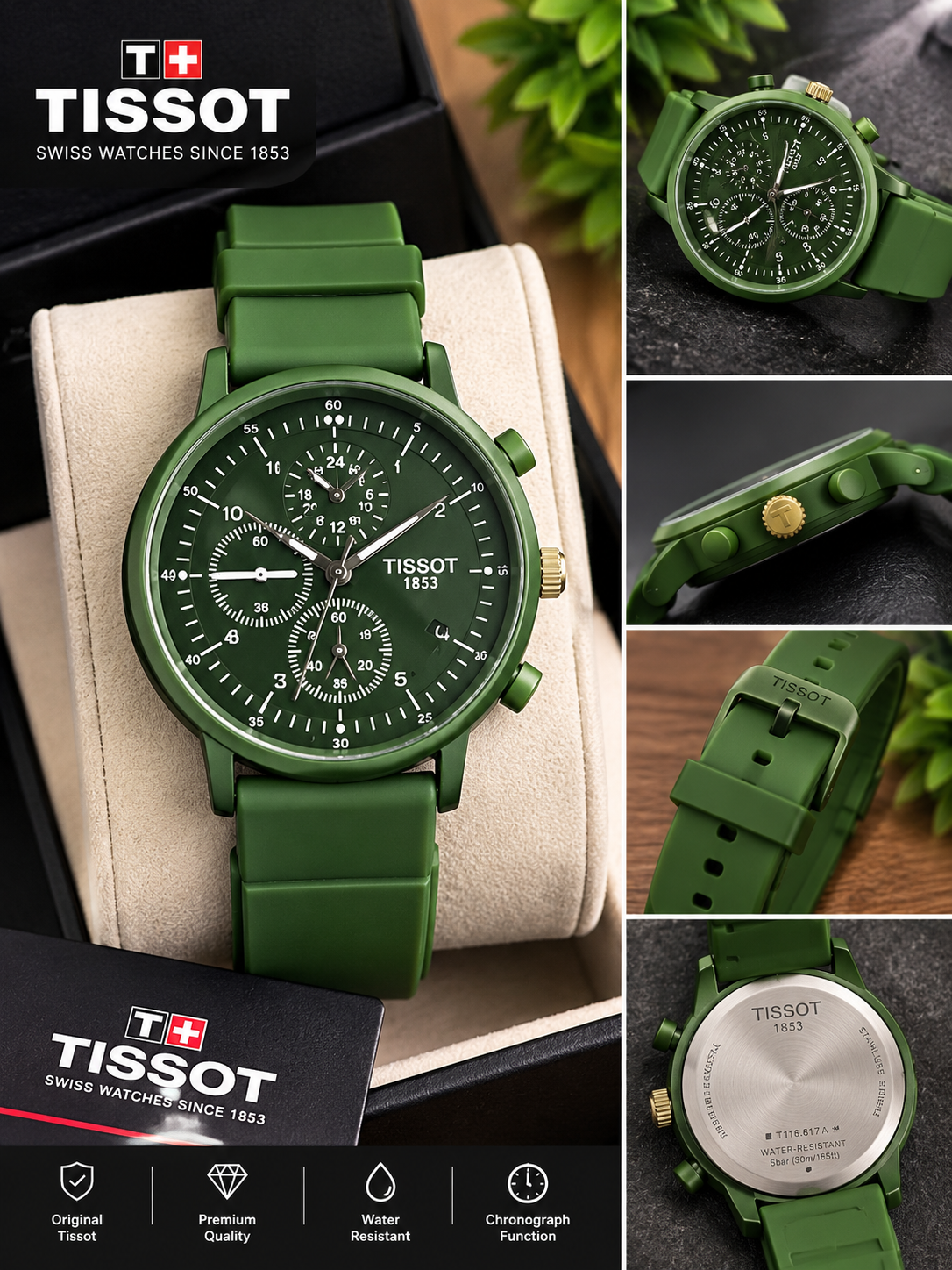 Tissot Olive Green Chronograph Watch with Silicone Strap